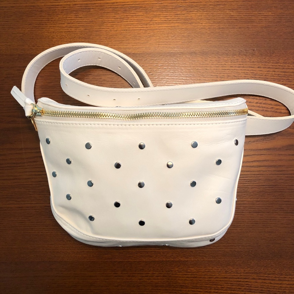 CLARE V - FANNY PACK, WHITE LEATHER WITH STUDS